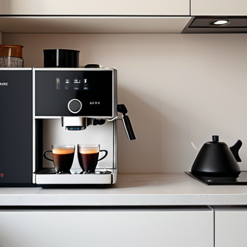 Home 6 A minimalist, modern kitchen with a single person contentedly using a high-end coffee machine. Focus on clean lines, natural light, and a sense of personal enjoyment.