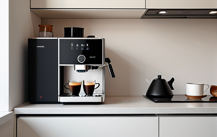 A minimalist, modern kitchen with a single person contentedly using a high-end coffee machine. Focus on clean lines, natural light, and a sense of personal enjoyment.